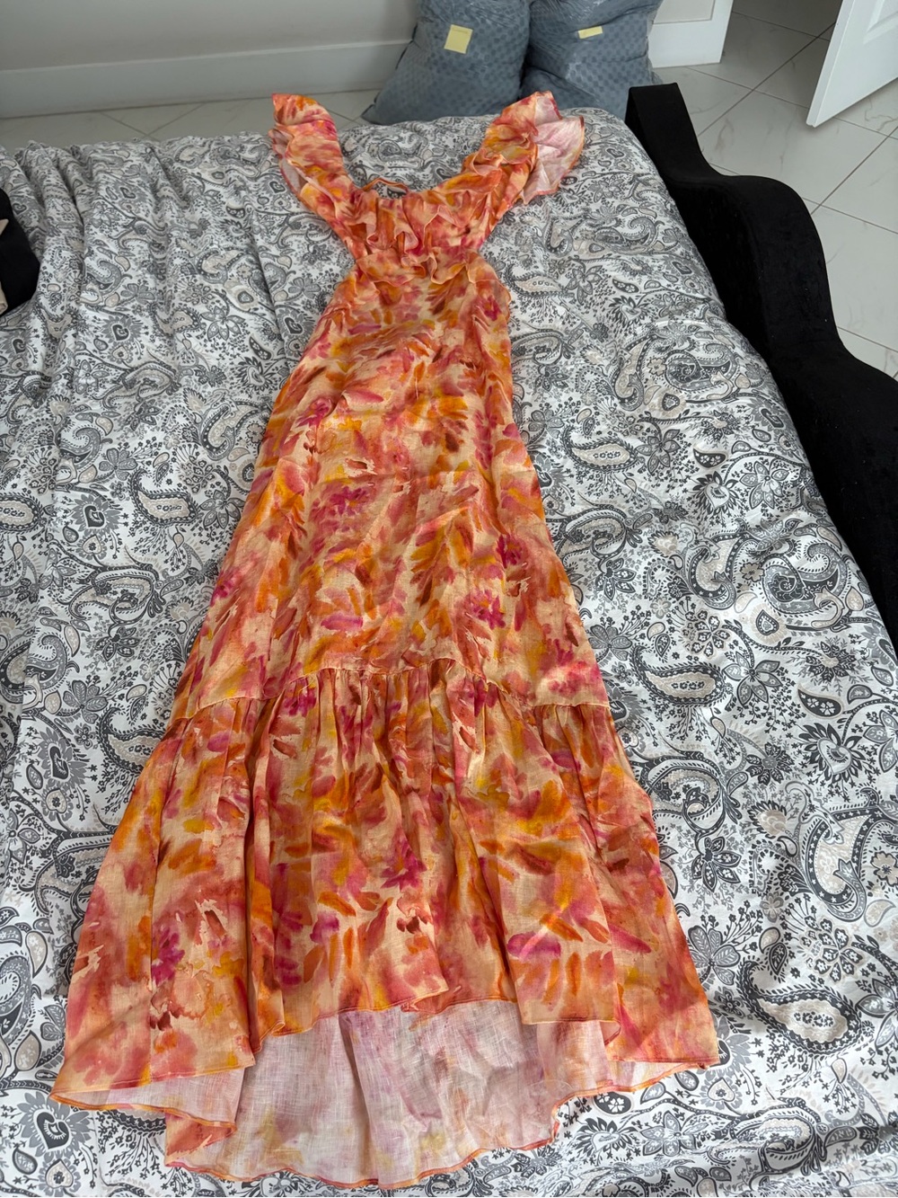Zara Pink and Orange Floral Ruffled Maxi Dress